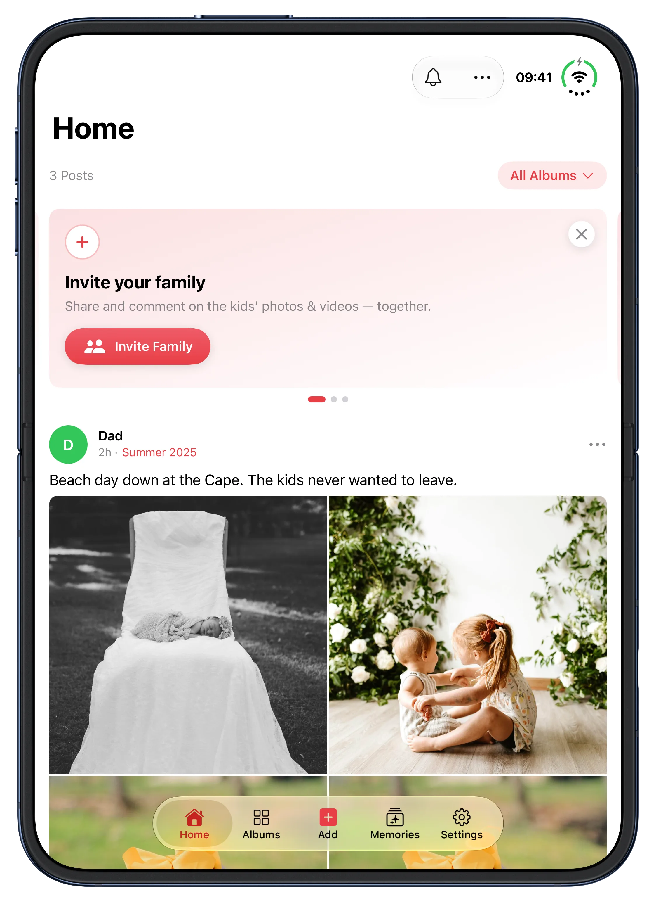 Our Family Album home feed on the iPhone Duo inner display