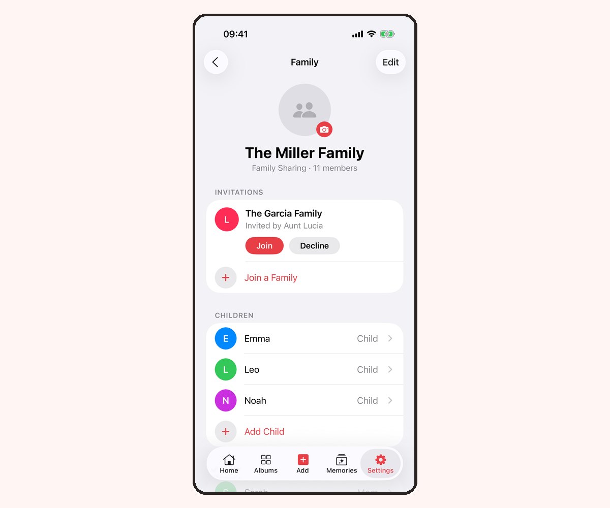 An incoming family invitation with Join and Decline buttons