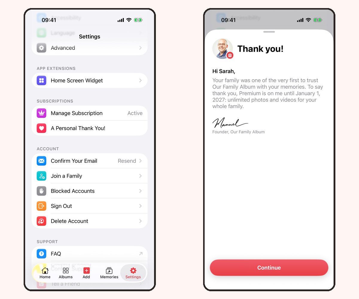 Premium subscription settings and the thank-you note for founding families