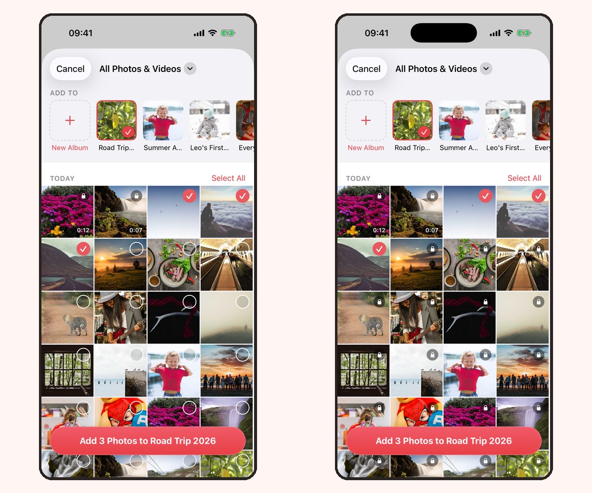 The photo picker showing locked videos and a selection that reaches the free allowance