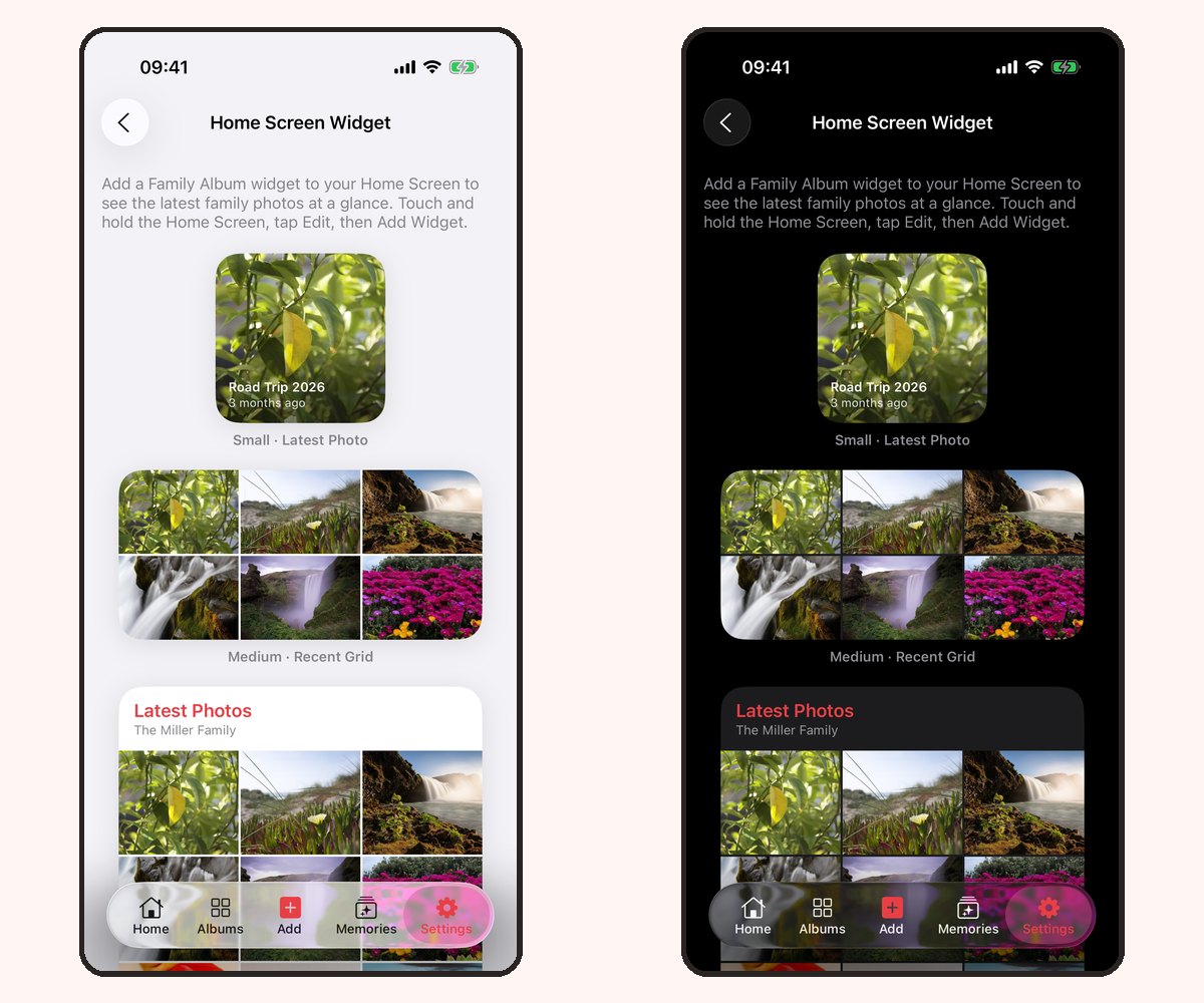 The Home Screen Widget gallery in light and dark appearances