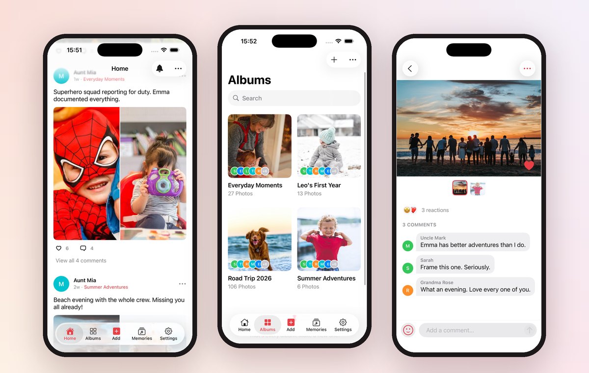The Our Family Album home feed, albums and comments on iPhone