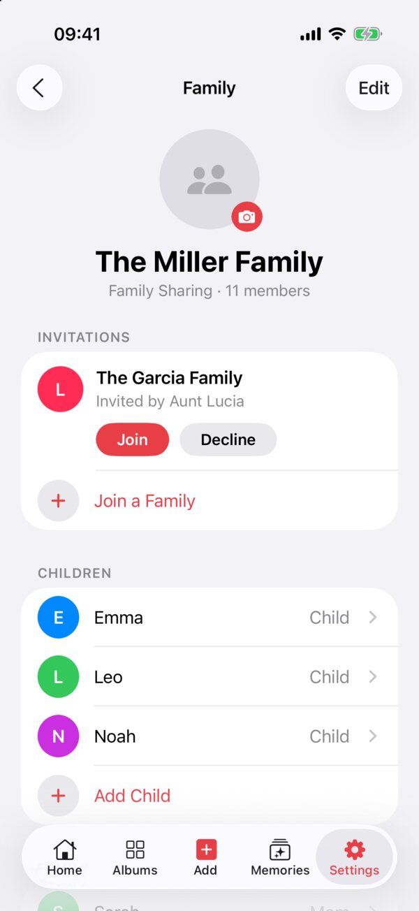 The Family screen with an invitation to join another family