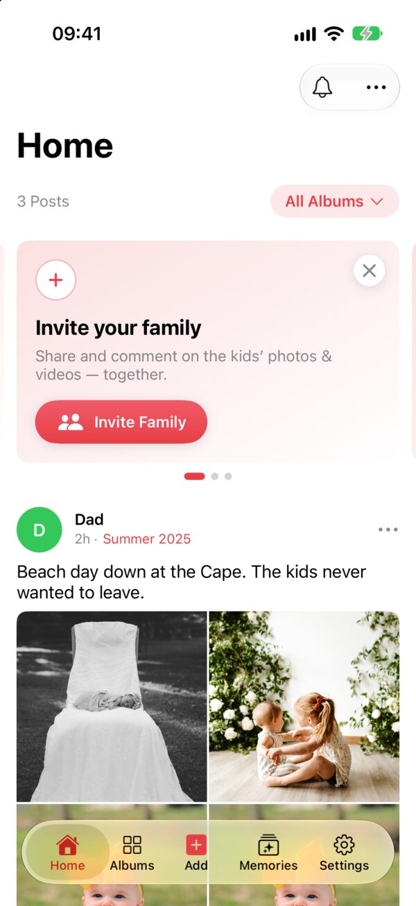 The Our Family Album home feed on iPhone