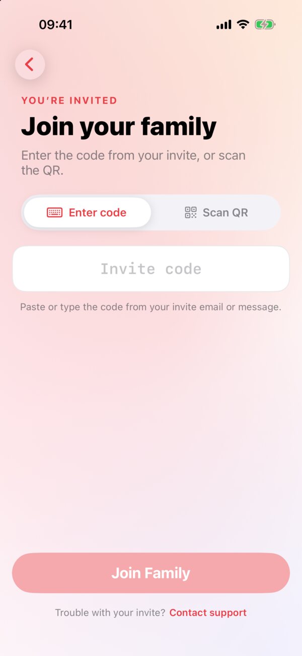 Joining a family with an invite code