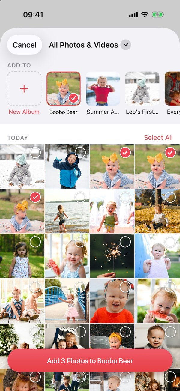 The photo picker with three photos selected for the Boobo Bear album